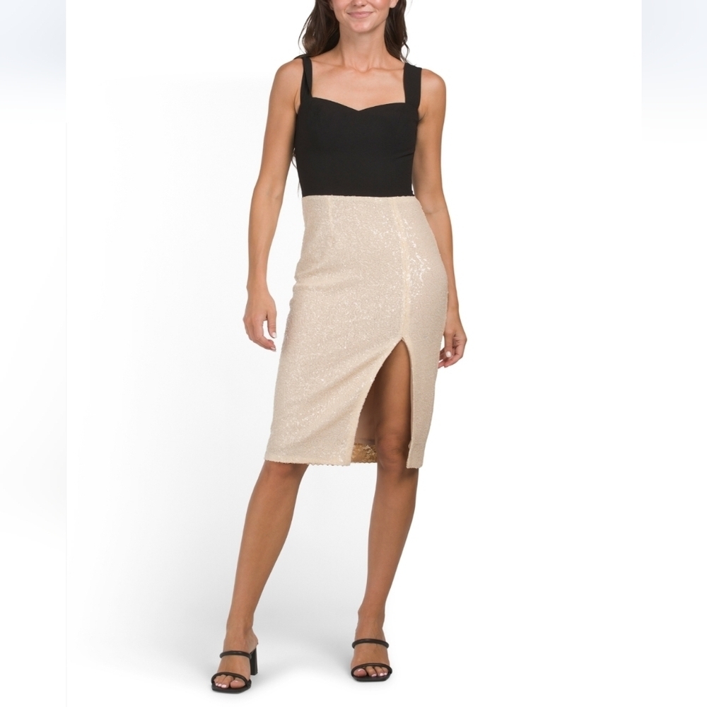 Dress The Population Sequin Colorblock Midi Dress